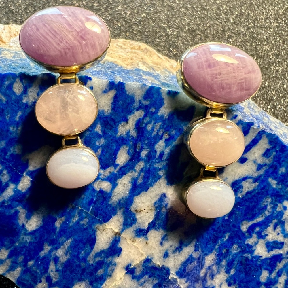 Rose Quartz dangling earrings, gold tone setting.